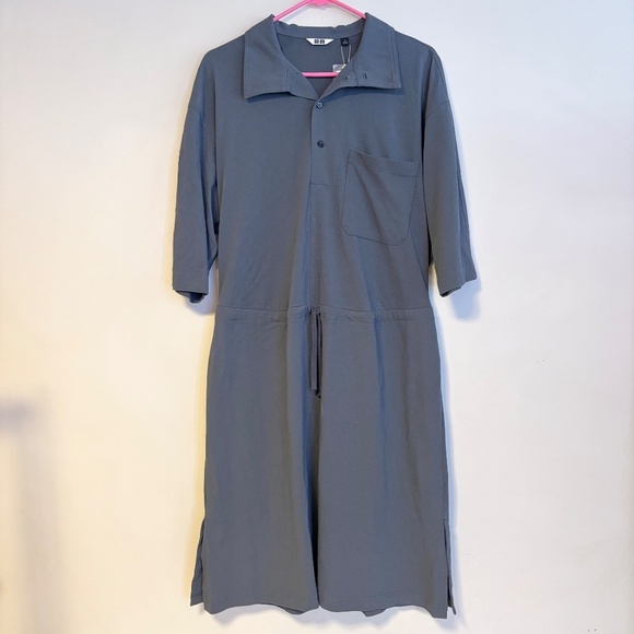 Uniqlo Half Sleeve Collared Gathered Waist Jersey Midi Dress Grey Womens S NWT - Picture 4 of 6